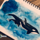 Orca-Mutter mit Kalb gemalt Aquarell
